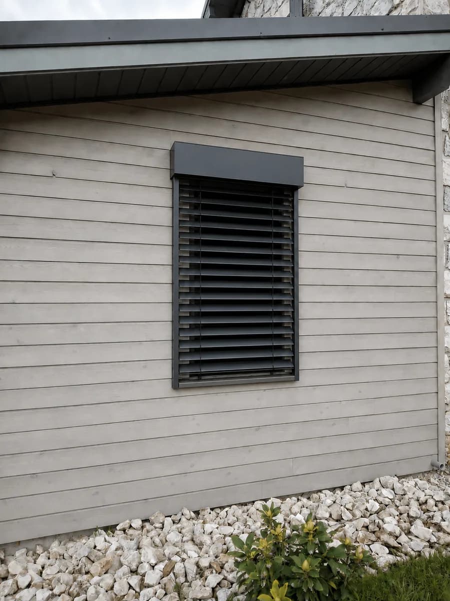 Brise-soleil orientable posé en façade au-dessus d'une fenêtre
