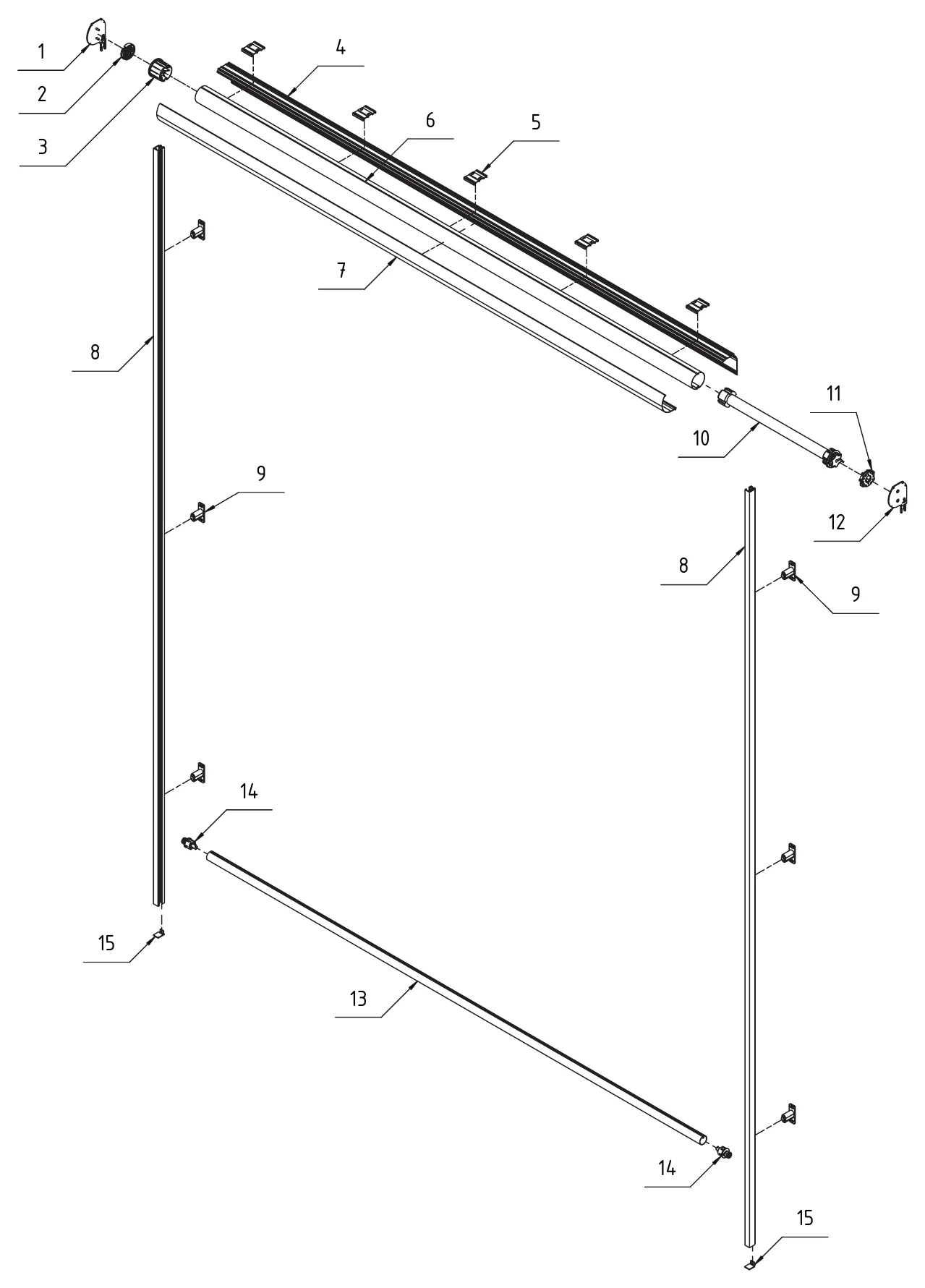 Vue éclatée du Store Screen 103 avec coulisses aluminium