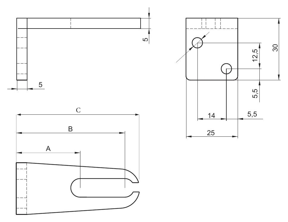 Équerre support de câble, cotes A, B et C