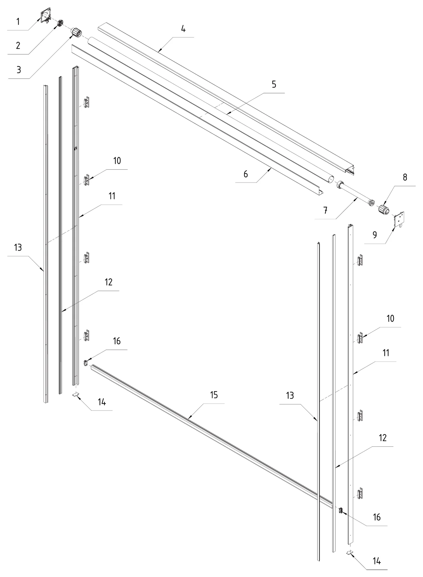 Vue éclatée du store zip 120 Aluprof R 120 ZiiiP avec ses 16 repères