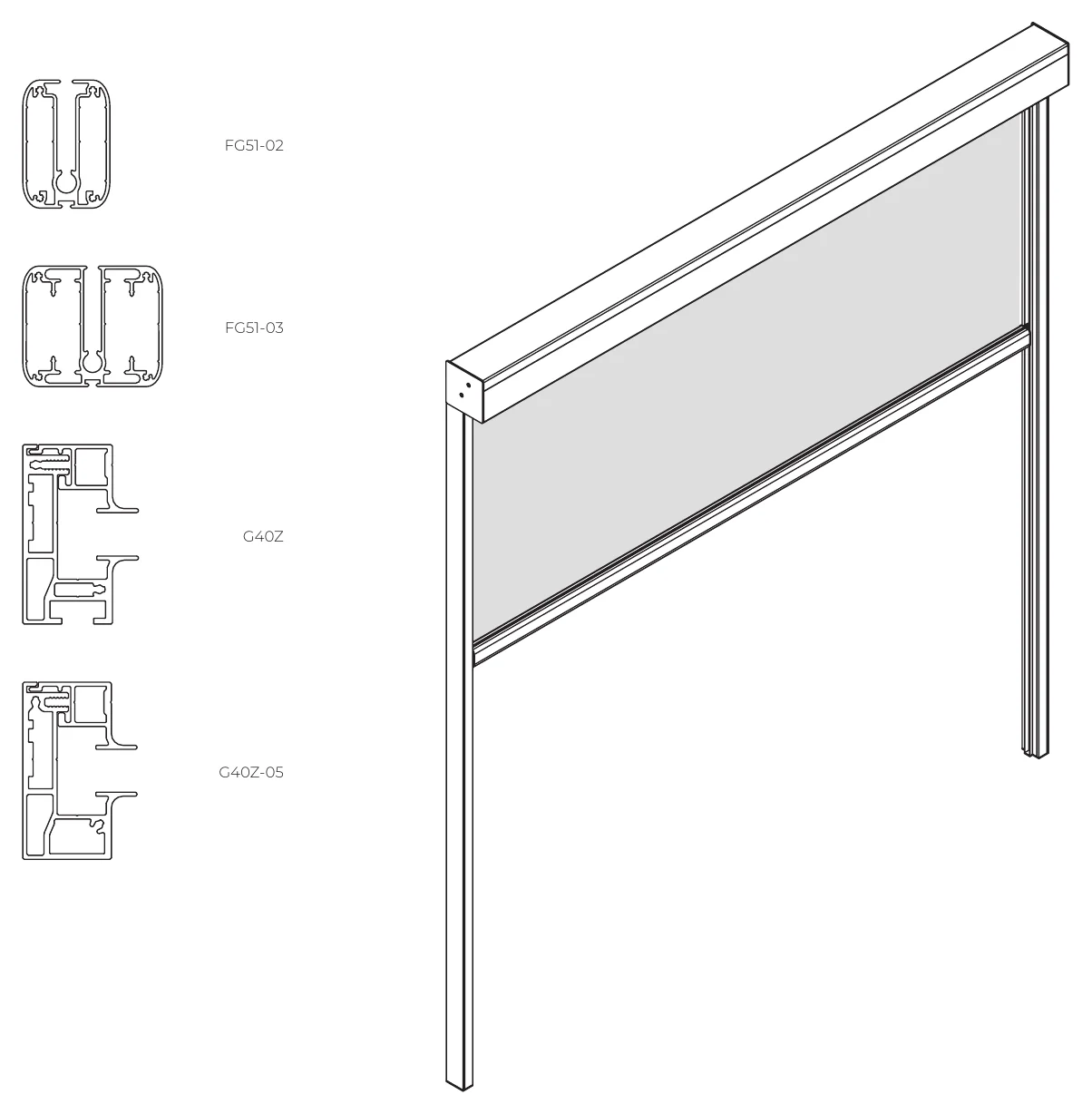 Perspective du store zip 120 et sections des profils FG51-02, FG51-03, G40Z et G40Z-05