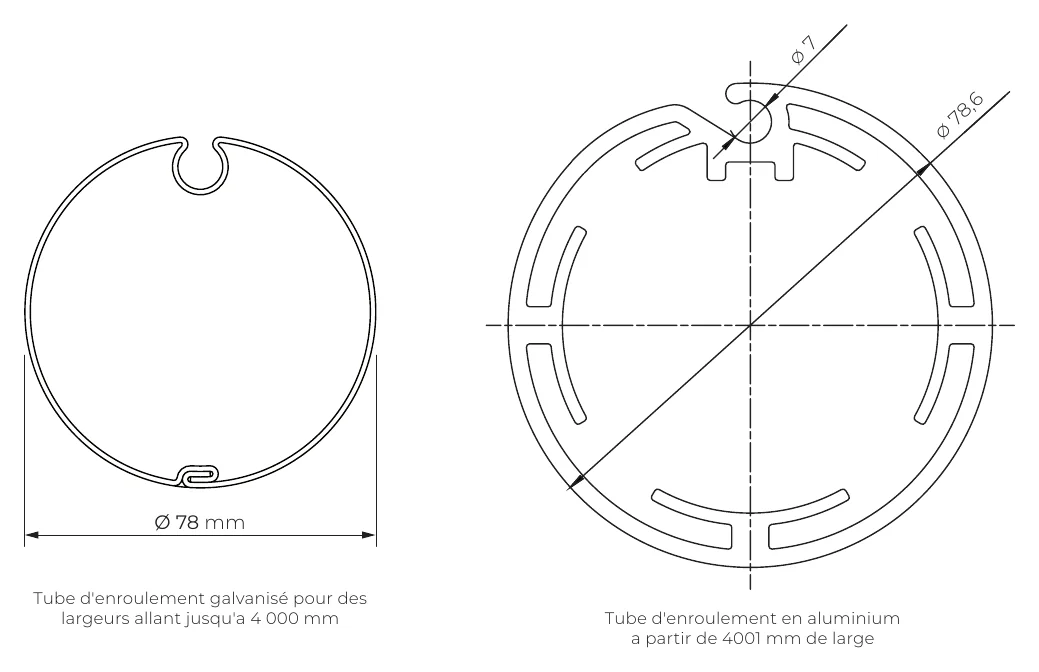 Sections des tubes d'enroulement Ø 78 mm acier galvanisé et aluminium du store zip 120
