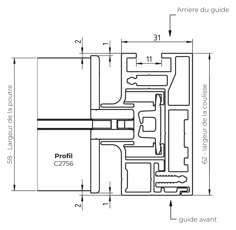 Coupe de la coulisse 62 × 31 mm du store zip 120 avec la barre de charge élargie