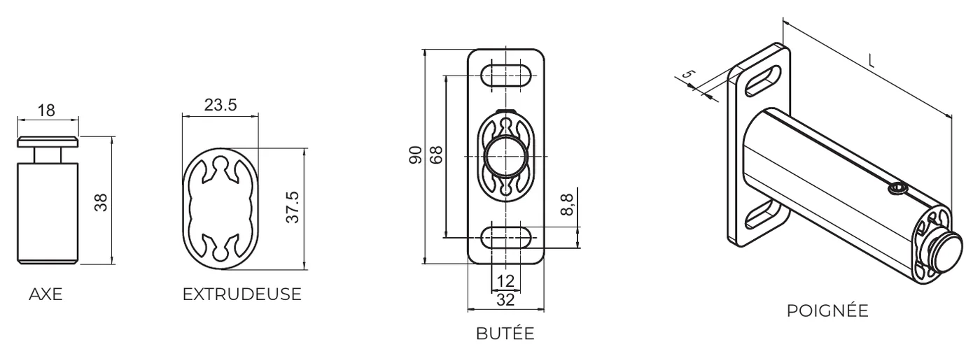Support de guidage type véranda du store zip 120 : axe, insert, butée et support
