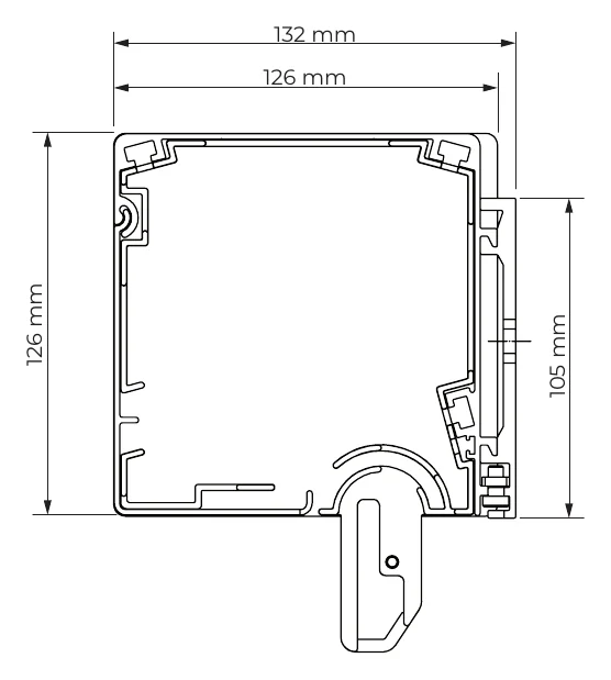 Coupe transversale du coffre 126 × 126 mm du store zip 120, version autoportante
