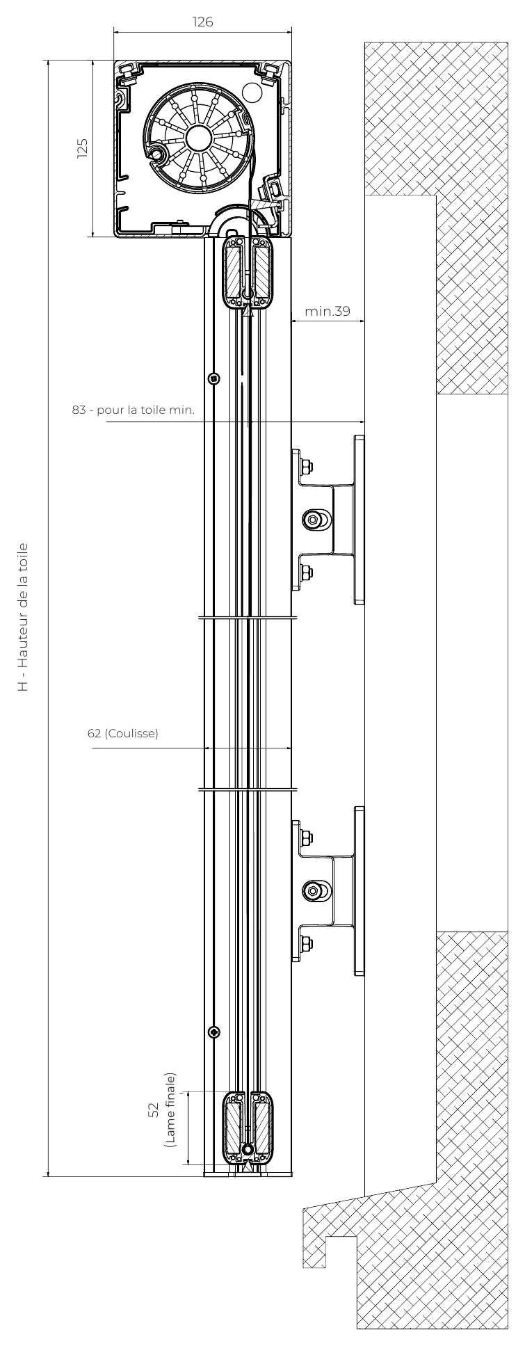 Coupe verticale du store zip 120 autoportant sur supports, barre de charge standard