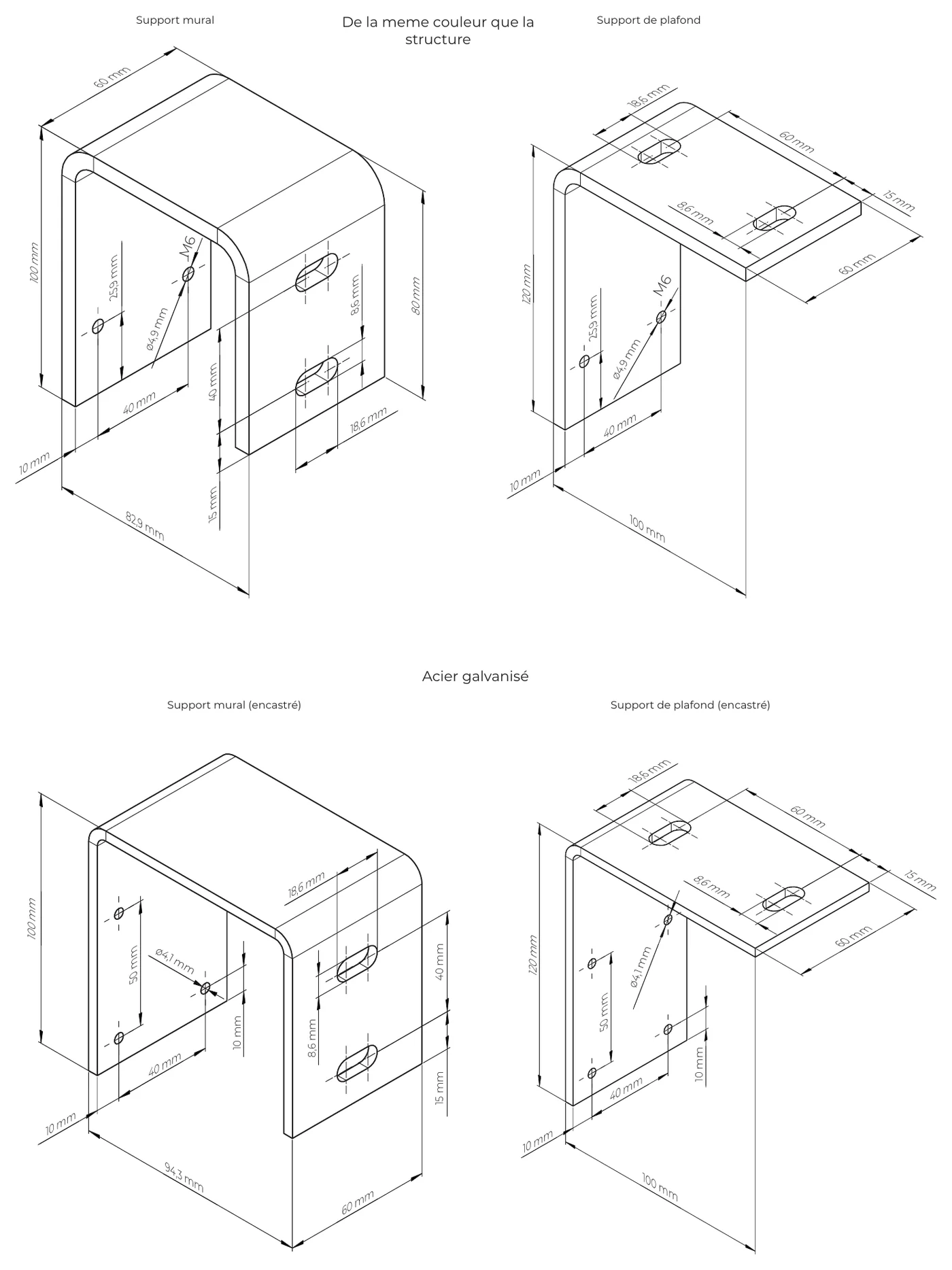 Supports muraux et de plafond du coffre du store zip 120, versions en applique et encastrées