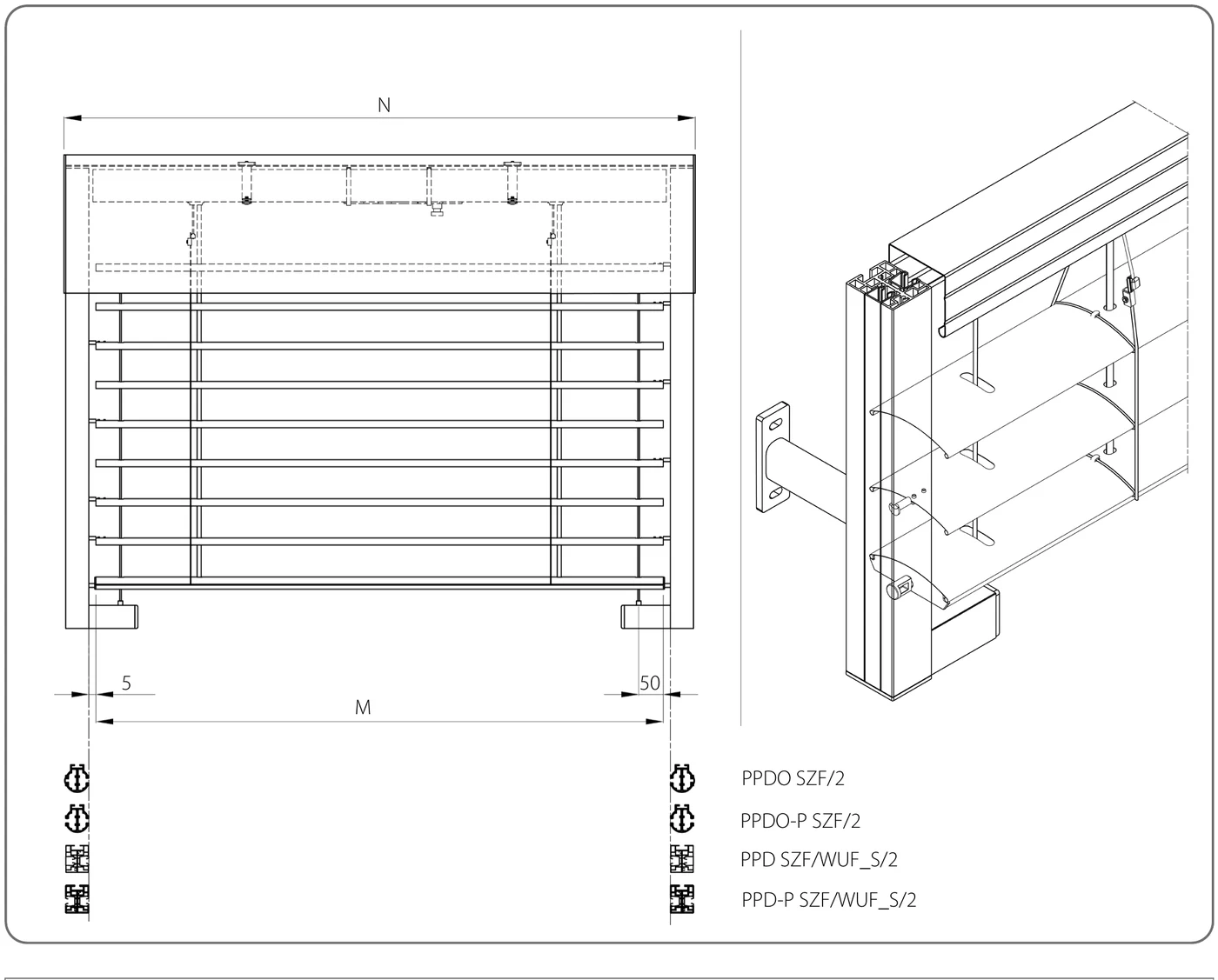 Vue de face — coulisse + renfort à câble