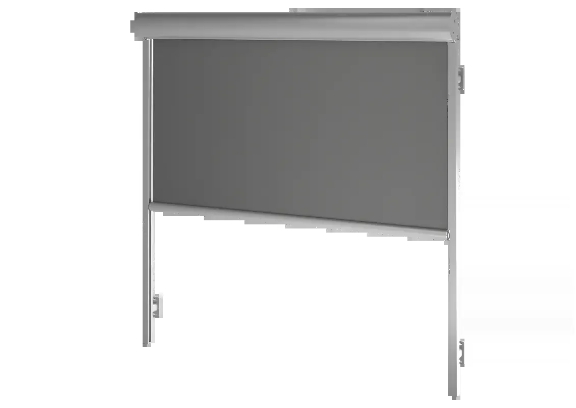 Store Screen 103 avec son coffre demi-rond, ses coulisses et sa toile screen grise à demi déroulée