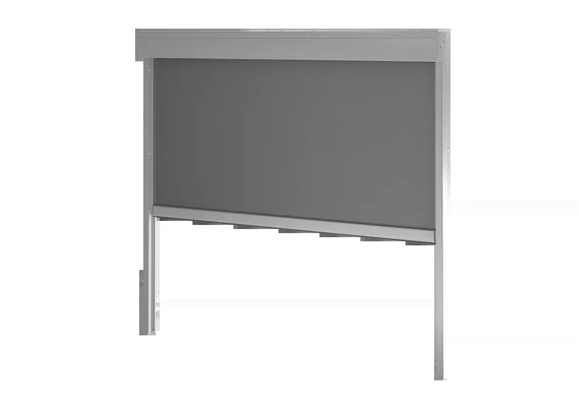 Store Zip 120 avec son coffre carré en aluminium, ses deux coulisses latérales et sa toile screen grise